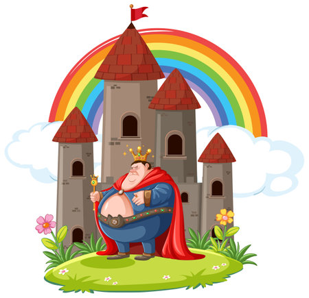 A fat, grumpy king cartoon stands in front of a castleのイラスト素材