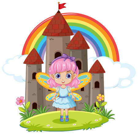 A vector cartoon illustration of a fairy standing in front of a castle.のイラスト素材