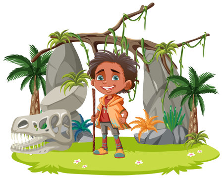 A cartoon illustration of a little boy hiking in a forestのイラスト素材