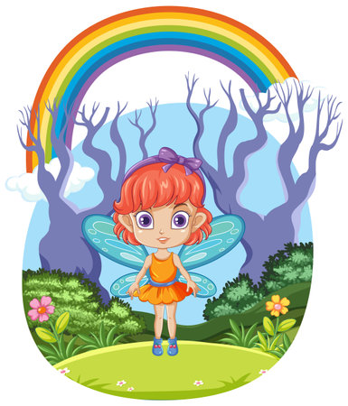 Fairy in the Forest with Rainbow in the Sky illustrationのイラスト素材
