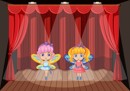 Girls dressed as fairies perform on stage in a cartoon-style vector illustrationのイラスト素材