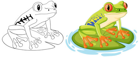 A vector cartoon illustration of a green frog perched on a lily padのイラスト素材