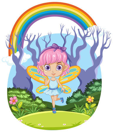 Fairy in the Forest with Rainbow in the Sky illustrationのイラスト素材