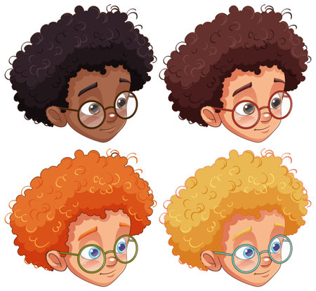 Set of curly hair boy wearing glasses head in different race illustrationのイラスト素材