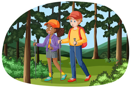 A vector cartoon illustration of a multiracial couple enjoying a hike in a forestのイラスト素材
