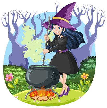 A fantasy witch is cooking up a mysterious potion in a dark forest, with an owl flying overheadのイラスト素材