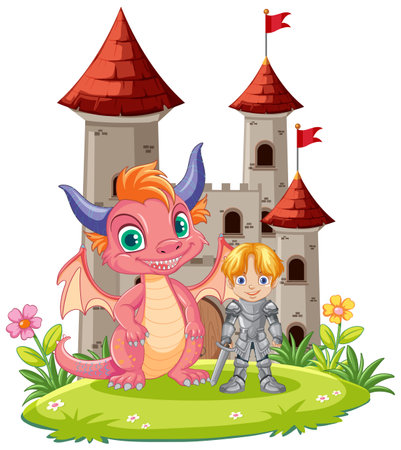 Cute Dragon with Knight Standing in Front of Castle illustrationのイラスト素材