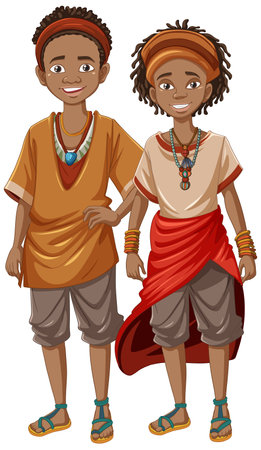 A cartoon illustration of a man and woman wearing African traditional native clothesのイラスト素材