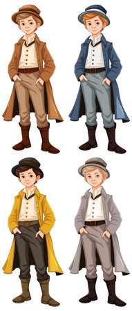 Four men wearing different coloured Victorian vintage outfits in a vector cartoon illustration styleのイラスト素材