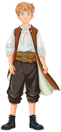 A cartoon illustration of a man wearing a traditional medieval villager outfitのイラスト素材