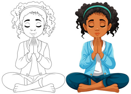 A woman with brown skin and curly hair sitting in meditationのイラスト素材