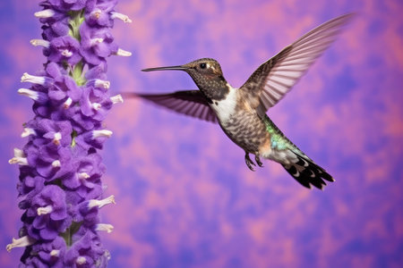 A tiny Hummingbird with iridescent plumage hovers mid-air against a floral lavender backdrop, creating an exciting and dynamic image.の素材