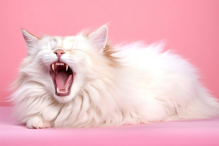 A somnolent Ragamuffin cat with captivating blue eyes yawning against a pastel pink backdrop, showcasing its long, plush fur and sleepy demeanor.の素材