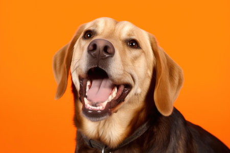 A happy Labrador Retriever with its tongue hanging out, panting on a bright orange background.の素材