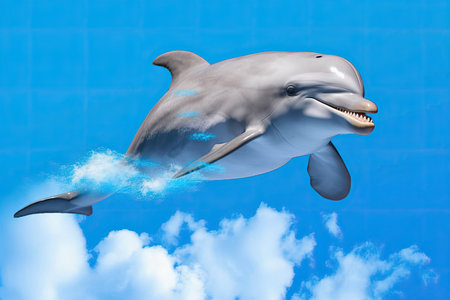 A cheerful Dolphin (Delphinus delphis) leaping mid-air against a splashy blue backdrop.の素材
