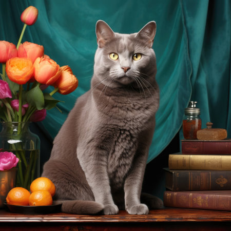 A stubborn Chartreux stands firm in a studio with a teal pastel backdrop, reflecting its strong-willed nature.の素材