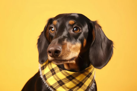 A delightful Dachshund wearing a checkered handkerchief against a pastel yellow backdrop.の素材