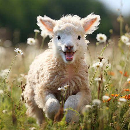A gentle lamb with soft wool and playful eyes expressing innocence and joy against a pastel backdrop.の素材