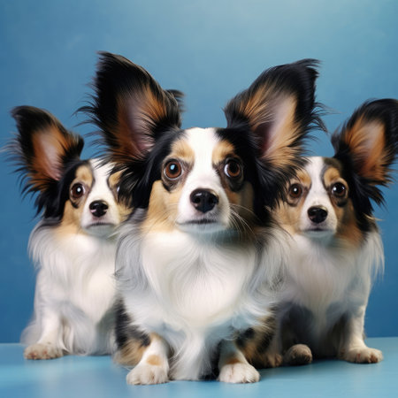 A bashful Papillon with large ears looks away in a reserved expression against a light blue pastel background.の素材