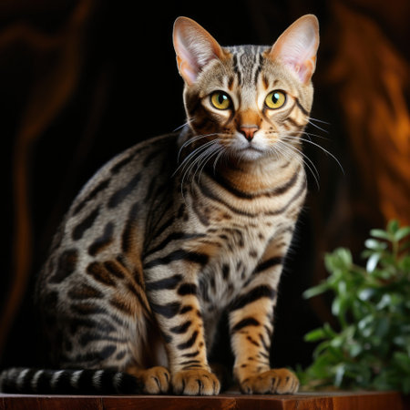 A lively and adventurous Ocicat with a spotted coat in a studio setting.の素材