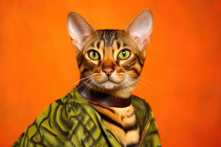 A detailed portrait of a Felis catus with a leopard-like coat and green eyes against an orange background.の素材