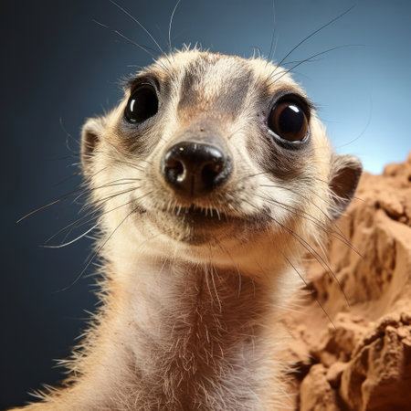 A vigilant and inquisitive meerkat tilts its head against a sandy pastel background.の素材