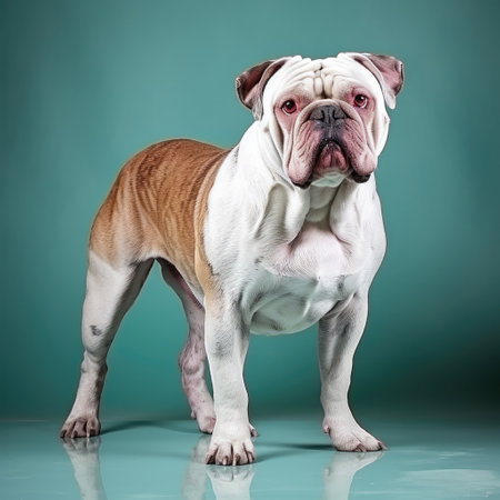 A stubborn Bulldog showcases its determined nature in a studio.の素材
