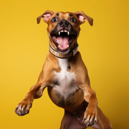 A lively Boxer dog expressing joy in a studio.の素材