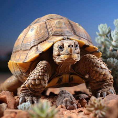 A patient and long-lived tortoise slowly moves against a soft, natural-colored backdrop.の素材