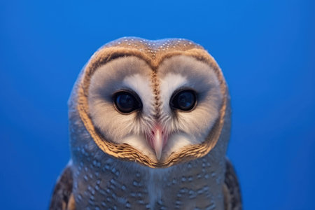 A curious Owl (Tyto alba) turning its head almost 180 degrees against a twilight blue backdrop, creating a fascinating, magical portrait.の素材