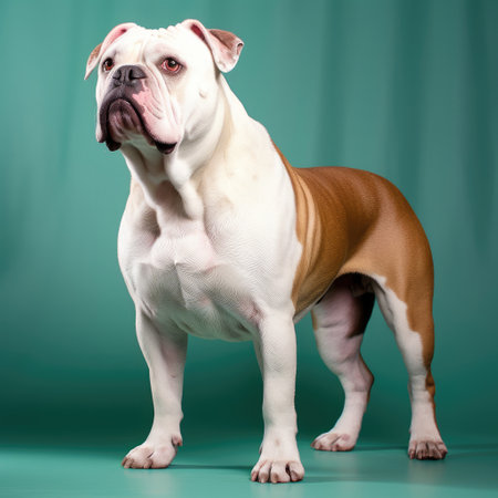A stubborn Bulldog showcases its determined nature in a studio.の素材