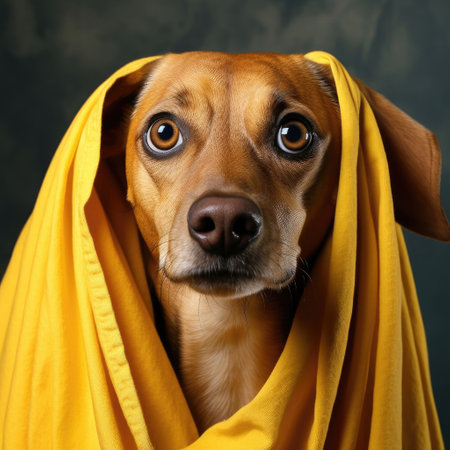"A fearful dog with wide eyes and ears back, captured in a studio with a gentle yellow pastel backdrop, displaying a sense of apprehension and uncertainty."の素材