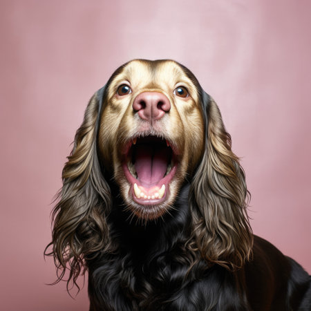 A half-closed eyed Cocker Spaniel ready to relax into sleep in a pale pink pastel studio.の素材