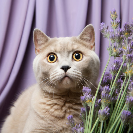 A timid Scottish Fold cat with folded ears against a lavender pastel backdrop.の素材