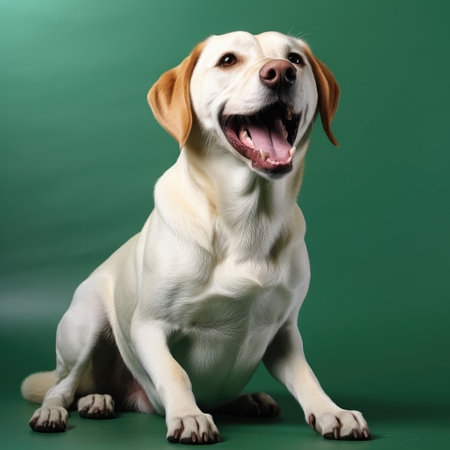 "A wagging-tailed Labrador Retriever radiates pure happiness against a green pastel background."の素材