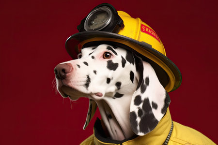 A Dalmatian wearing a firefighter's helmet against a gray background, representing its role as a firehouse mascot.の素材