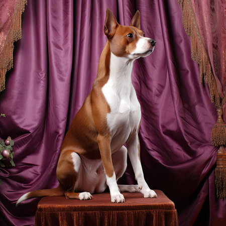 A proud Basenji with erect ears and regal posture in a studio with a plum pastel backdrop.の素材