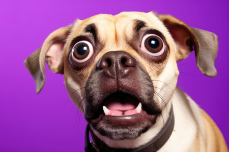 "A comically surprised Pug with wide eyes and open mouth against a purple backdrop."の素材