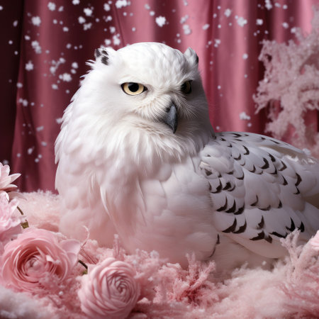 A whimsical Snowy Owl rotates its head against a wintry pastel backdrop, reflecting wisdom and grace.の素材