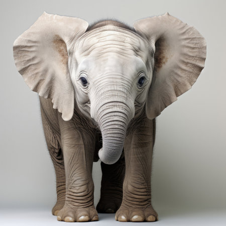 A gentle Elephant calf plays against a soft grey pastel backdrop, reflecting innocence and curiosity.の素材