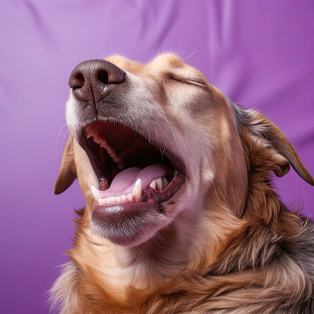 A dog ready for a relaxing nap in a soft purple pastel studio.の素材