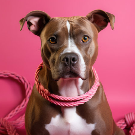 A strong and focused American Staffordshire Terrier shows determination and strength as it pulls on a rope in a studio with a red pastel backdrop.の素材