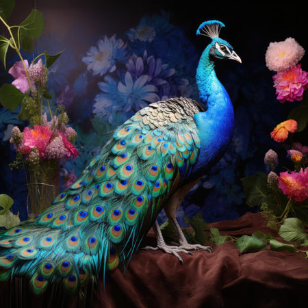 A majestic peacock displaying its iridescent feathers against a pastel blue backdrop.の素材