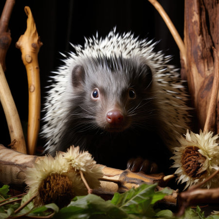A protective and intriguing porcupine curls against a pastel forest floor backdrop.の素材