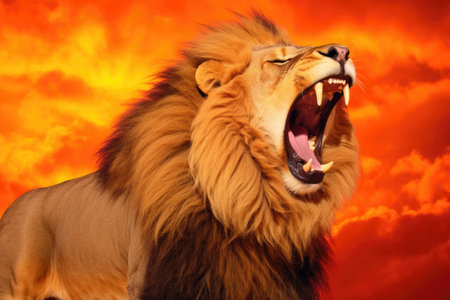 A striking image of a powerful lion with a golden mane and commanding eyes roaring against a beautiful sunset orange backdrop.の素材