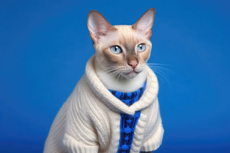 "A portrait of a Felis catus with vibrant blue eyes and seal-point markings on a solid royal blue background."の素材
