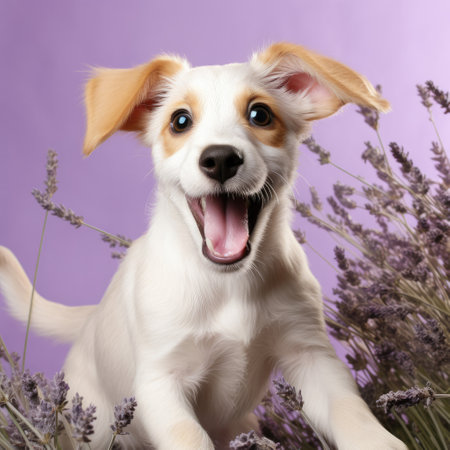 An adorable puppy shows pure excitement and enthusiasm in a lavender studio setting.の素材