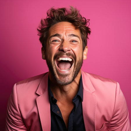 A wildly ecstatic Caucasian man in his 30s laughs uproariously against a hot pink pastel backdrop, exuding unbridled joy.の素材