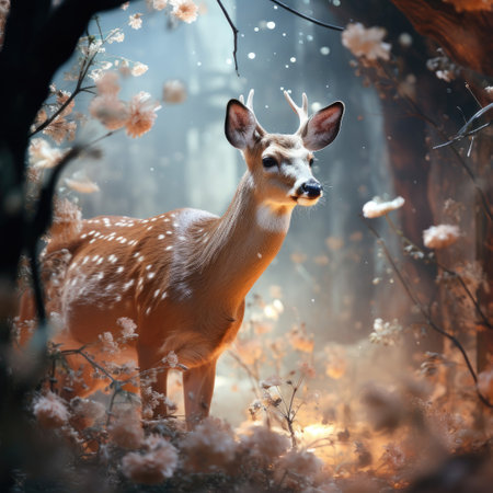 A serene deer grazing against a peaceful forest backdrop.の素材