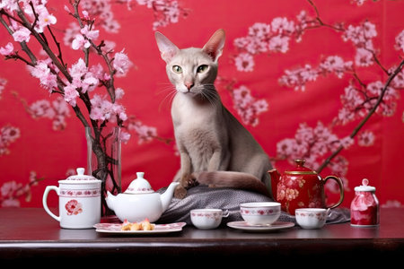 A poised Oriental cat with a miniature tea set against a cherry blossom backdrop.の素材
